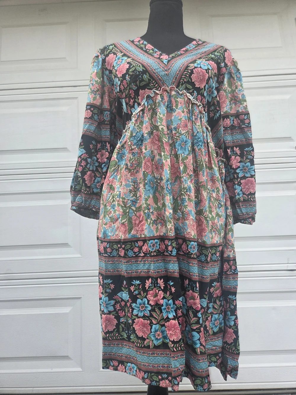 BTFBM Floral Boho Babydoll Mini Dress Pink Blue Long Sleeve V-Neck Size M - Picture 10 of 14